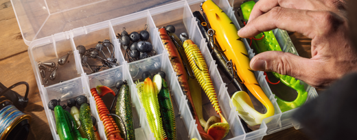 An organized tackle box with a variety of fishing lures, including soft plastics and jig heads, for choosing the right bait.