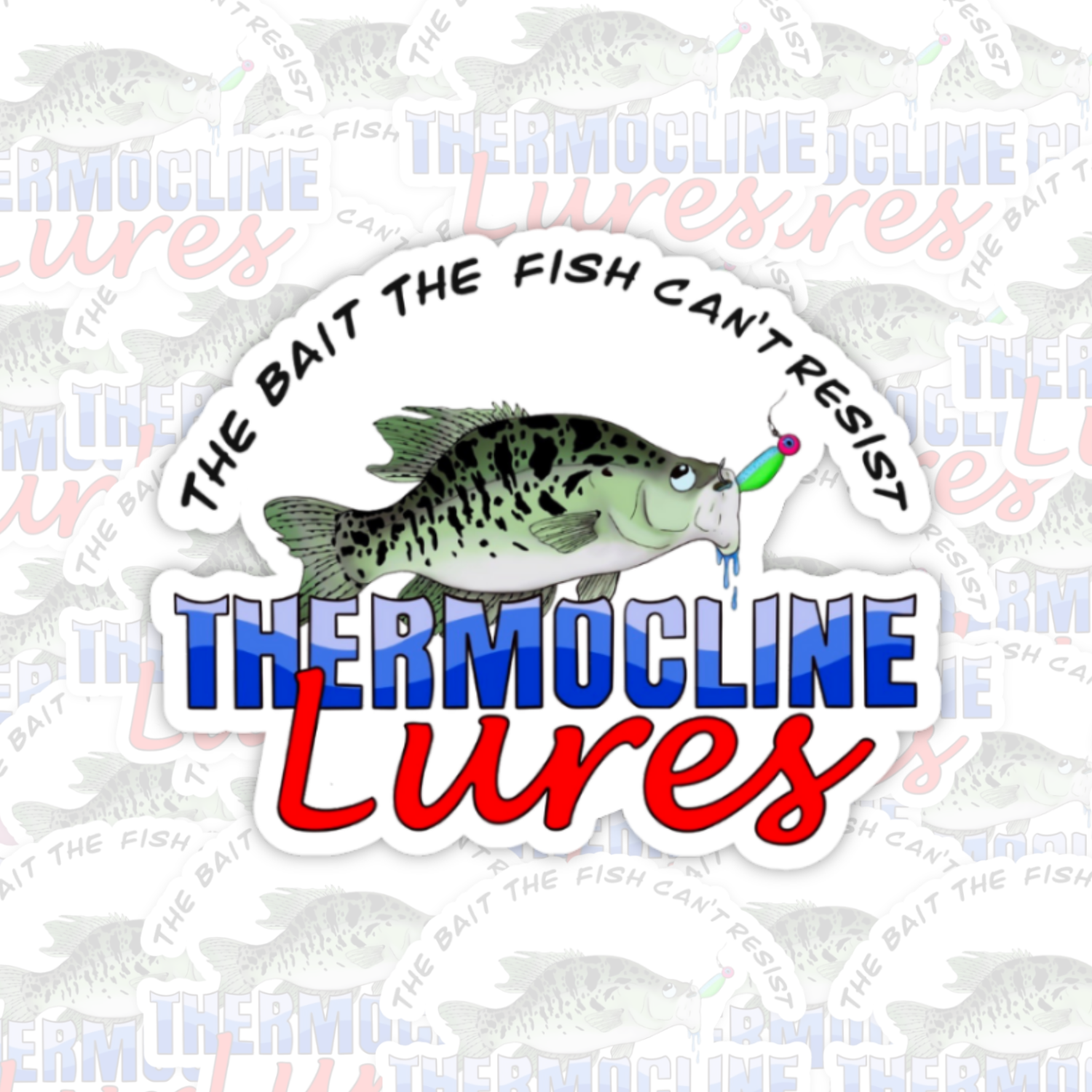 Thermocline Lures die-cut sticker displayed on a textured gray background, featuring the crappie fish illustration and the colorful Thermocline Lures logo with the slogan 'The Bait the Fish Can't Resist.