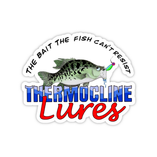 Thermocline Lures die-cut sticker featuring the slogan 'The Bait the Fish Can't Resist,' with a crappie fish illustration and the vibrant Thermocline Lures logo in blue and red.