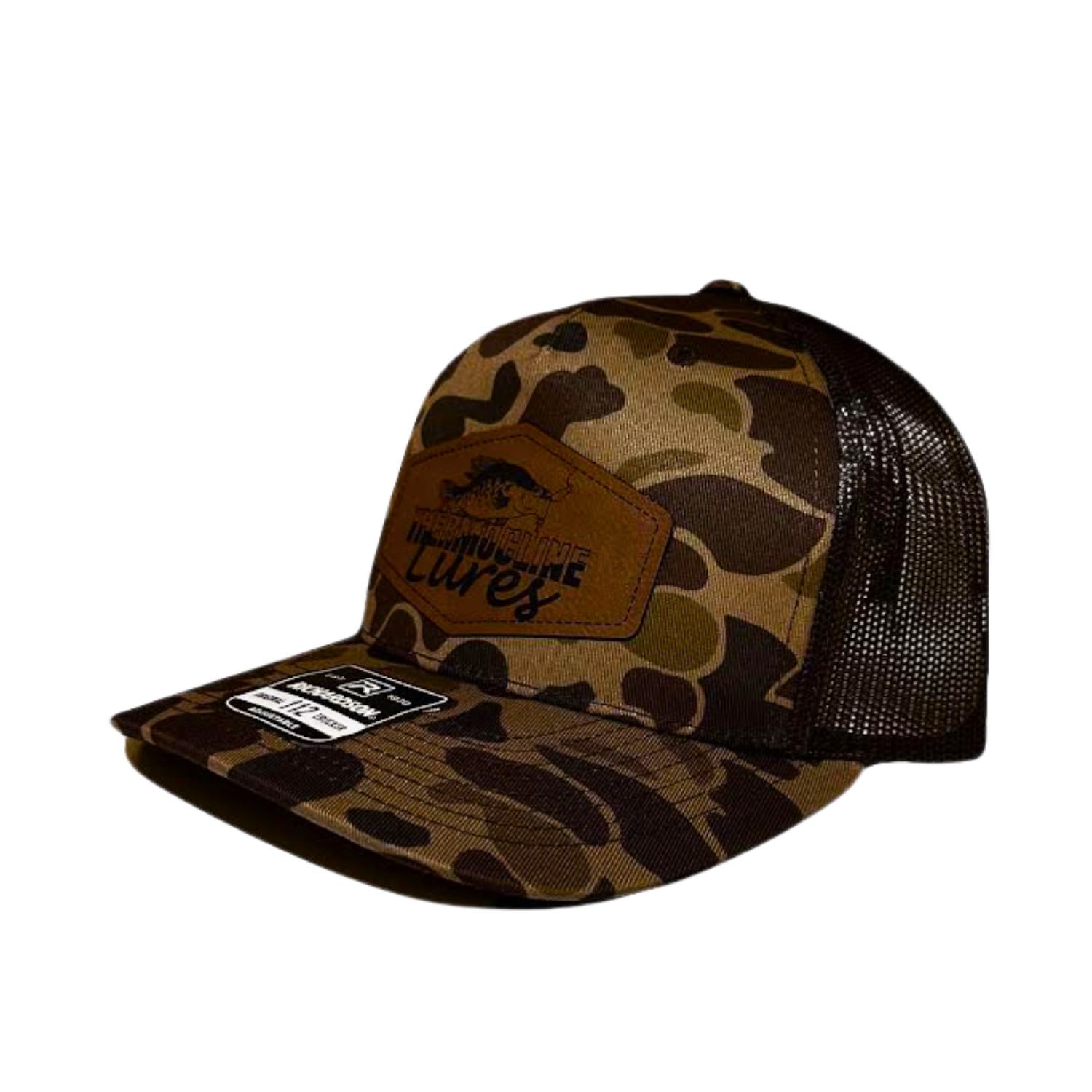 Side view of the Brook Duck Camo Brown Thermocline Lures hat featuring a brown leather patch with the logo, and camo mesh back.