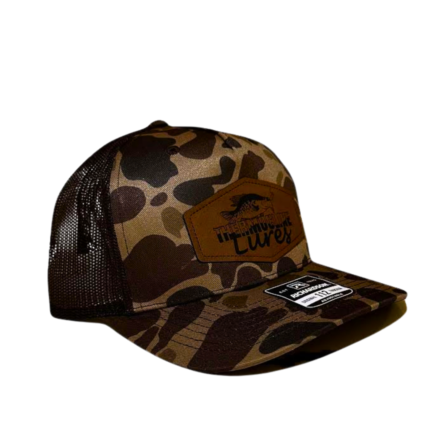 Alternate side view of the Brook Duck Camo Brown Thermocline Lures hat showcasing camo design and breathable mesh back.