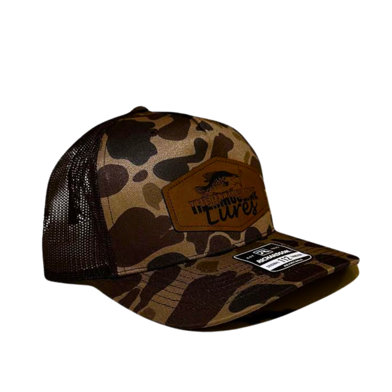 Alternate side view of the Brook Duck Camo Brown Thermocline Lures hat showcasing camo design and breathable mesh back.