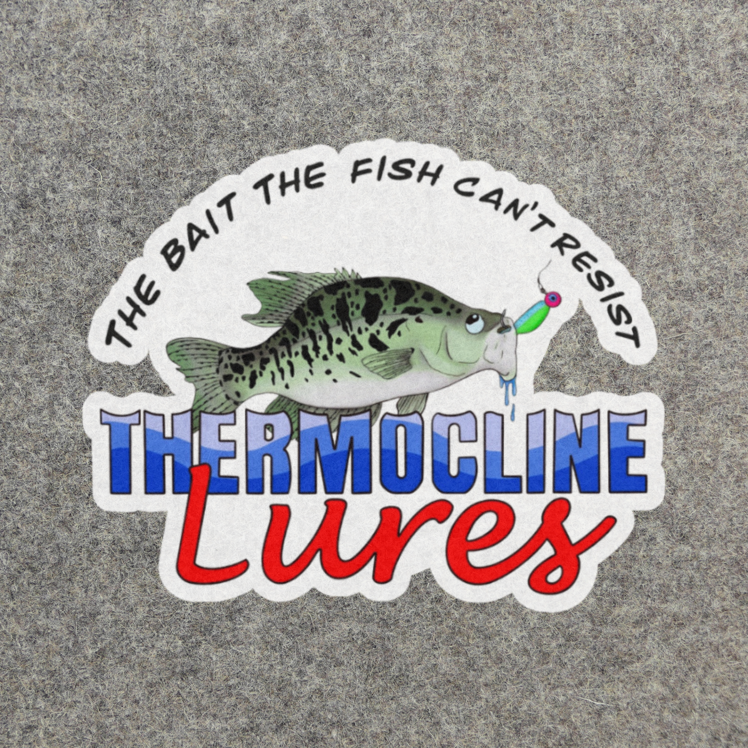 Thermocline Lures carpet decal showcasing a crappie fish and the vibrant Thermocline Lures logo with the slogan 'The Bait the Fish Can't Resist,' designed for fishing boat or outdoor carpeting.