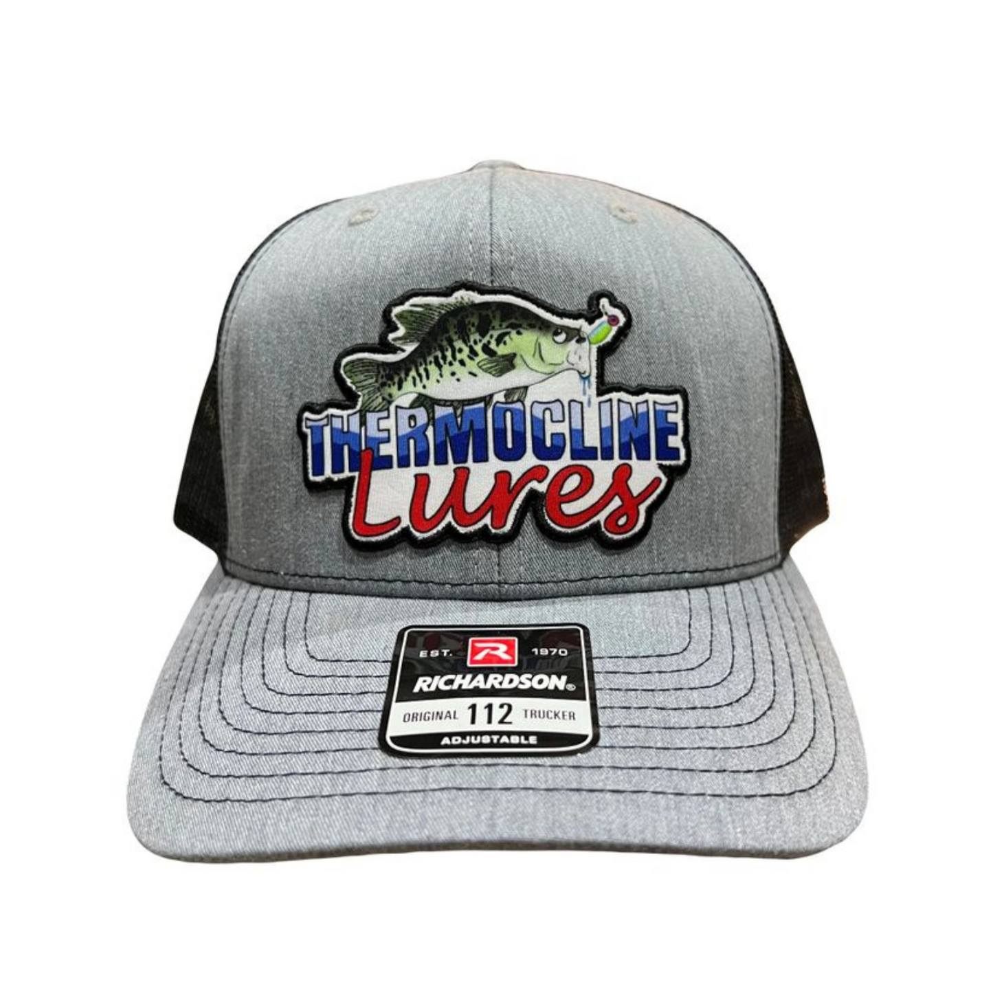 Front view of the Thermocline Lures Grey and Black Richardson 112 Trucker Hat with classic styling and rugged comfort.