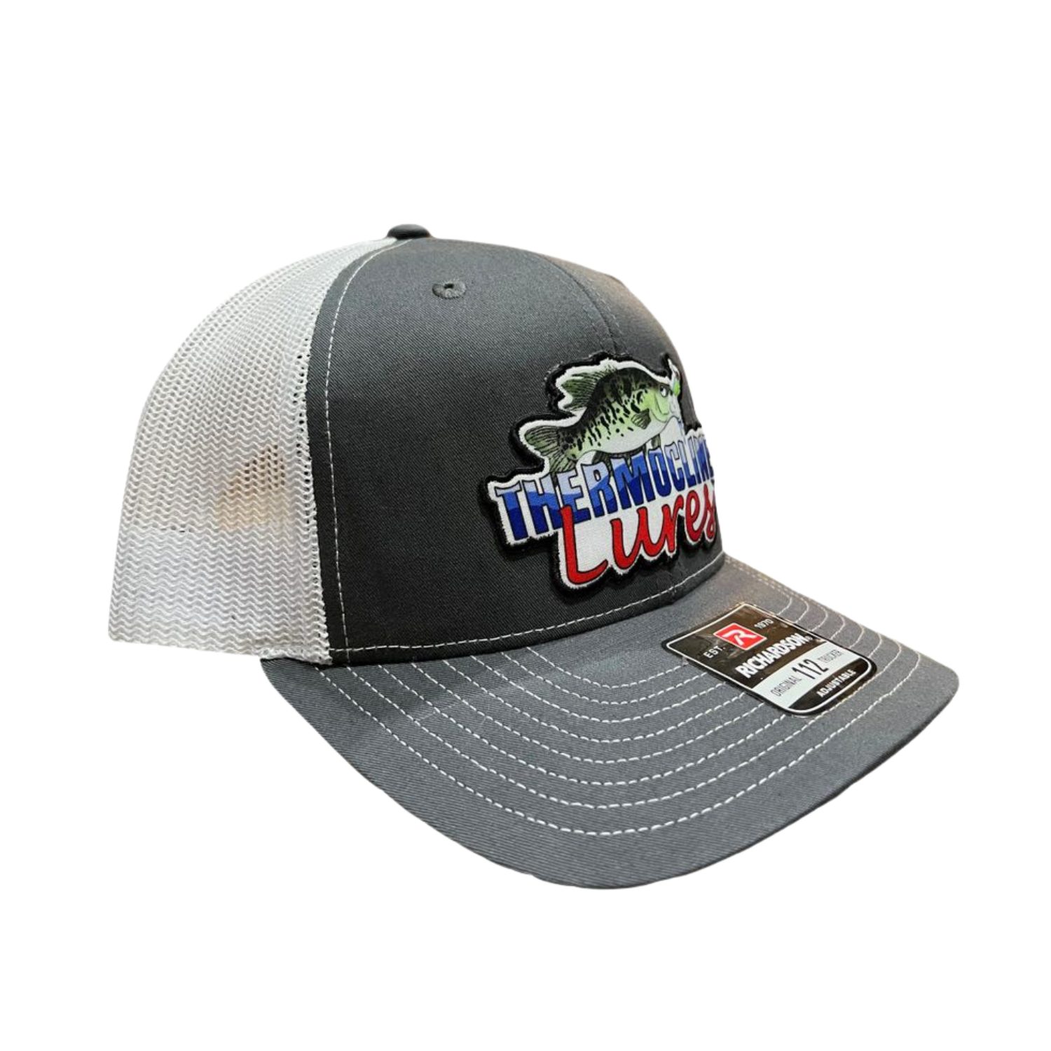 Right side view of the Thermocline Lures Grey Trucker Hat with a white mesh back, featuring the embroidered Thermocline patch on the front panel for a sleek and versatile design.