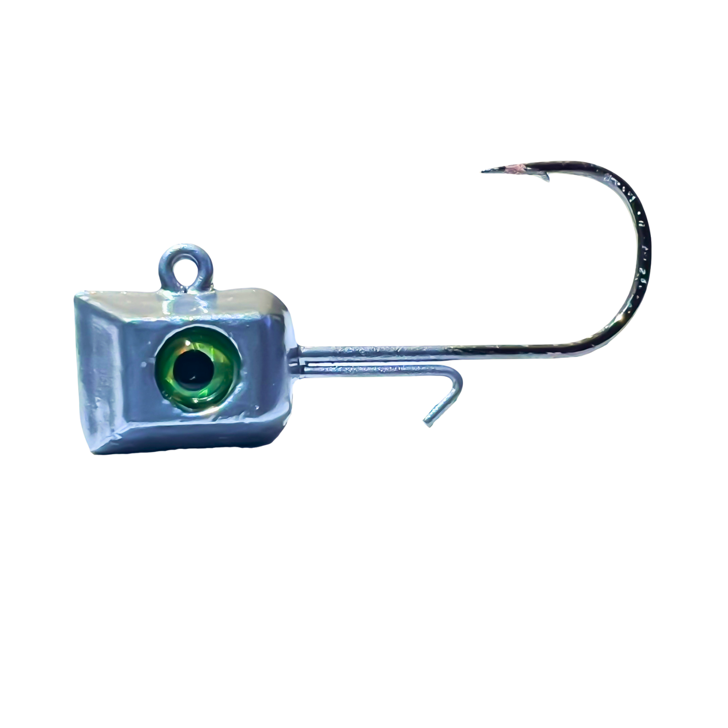 1/16 oz chrome Thermocline Hex Jig Head with a green 3D eye and a hexagonal shape for enhanced sonar visibility. Perfect for light presentations with a #6 hook. 