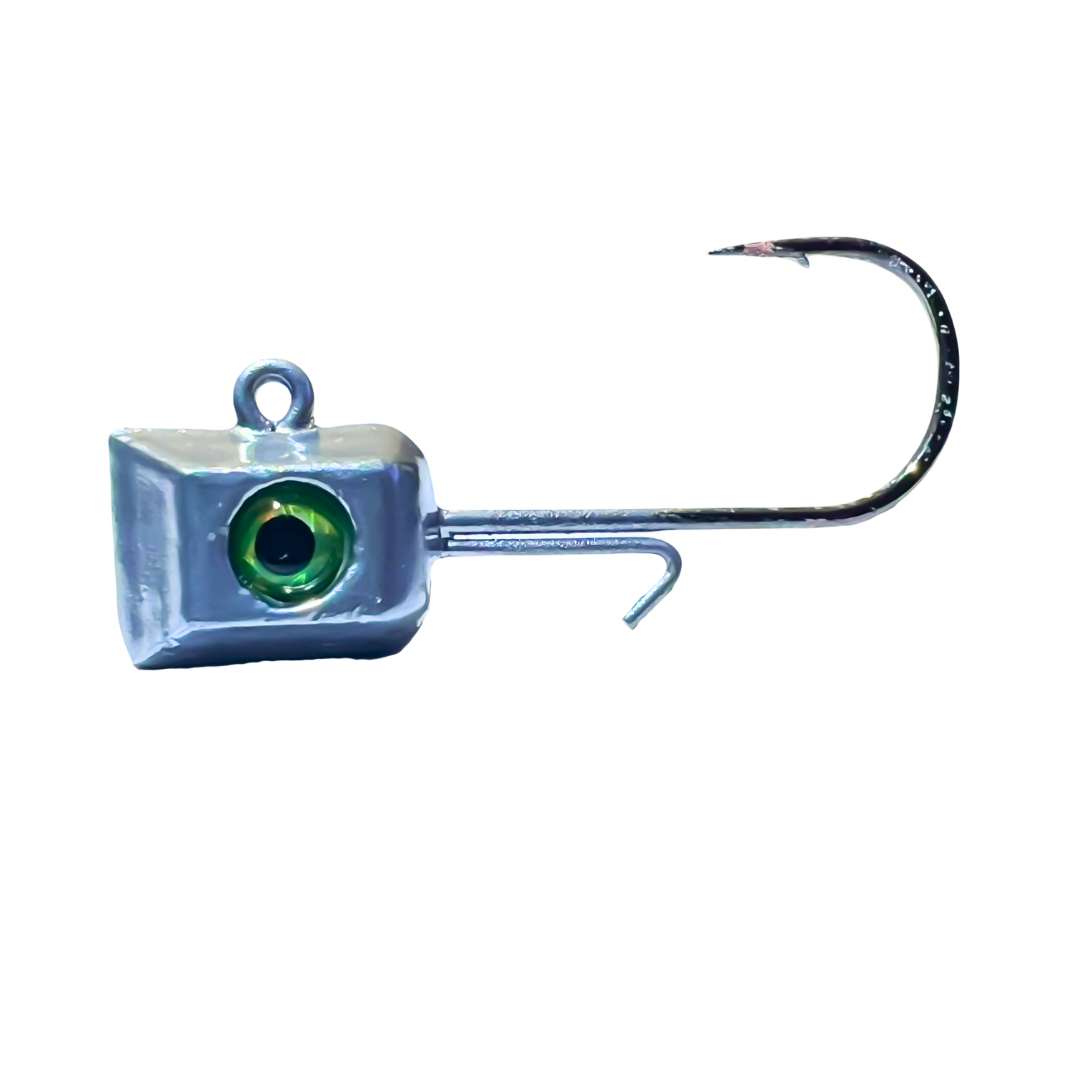 1/16 oz chrome Thermocline Hex Jig Head with a green 3D eye and a hexagonal shape for enhanced sonar visibility. Perfect for light presentations with a #6 hook. 