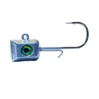 1/16 oz chrome Thermocline Hex Jig Head with a green 3D eye and a hexagonal shape for enhanced sonar visibility. Perfect for light presentations with a #6 hook. 