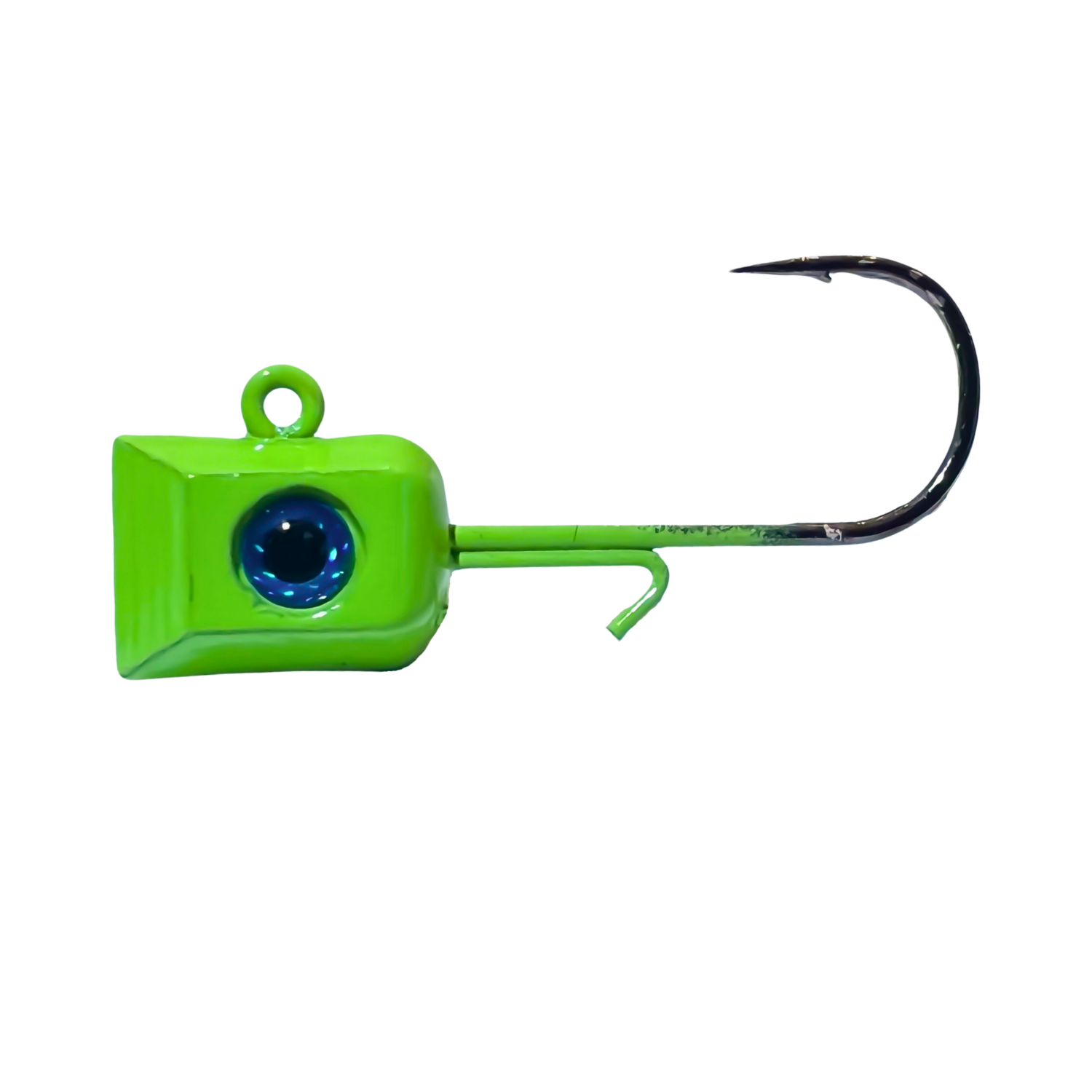 1/16 oz Thermocline Hex Jig Head in green chartreuse with a realistic blue 3D eye. A high-visibility jig designed for finesse fishing, paired with a #6 hook for small lures.