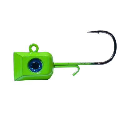 1/16 oz Thermocline Hex Jig Head in green chartreuse with a realistic blue 3D eye. A high-visibility jig designed for finesse fishing, paired with a #6 hook for small lures.