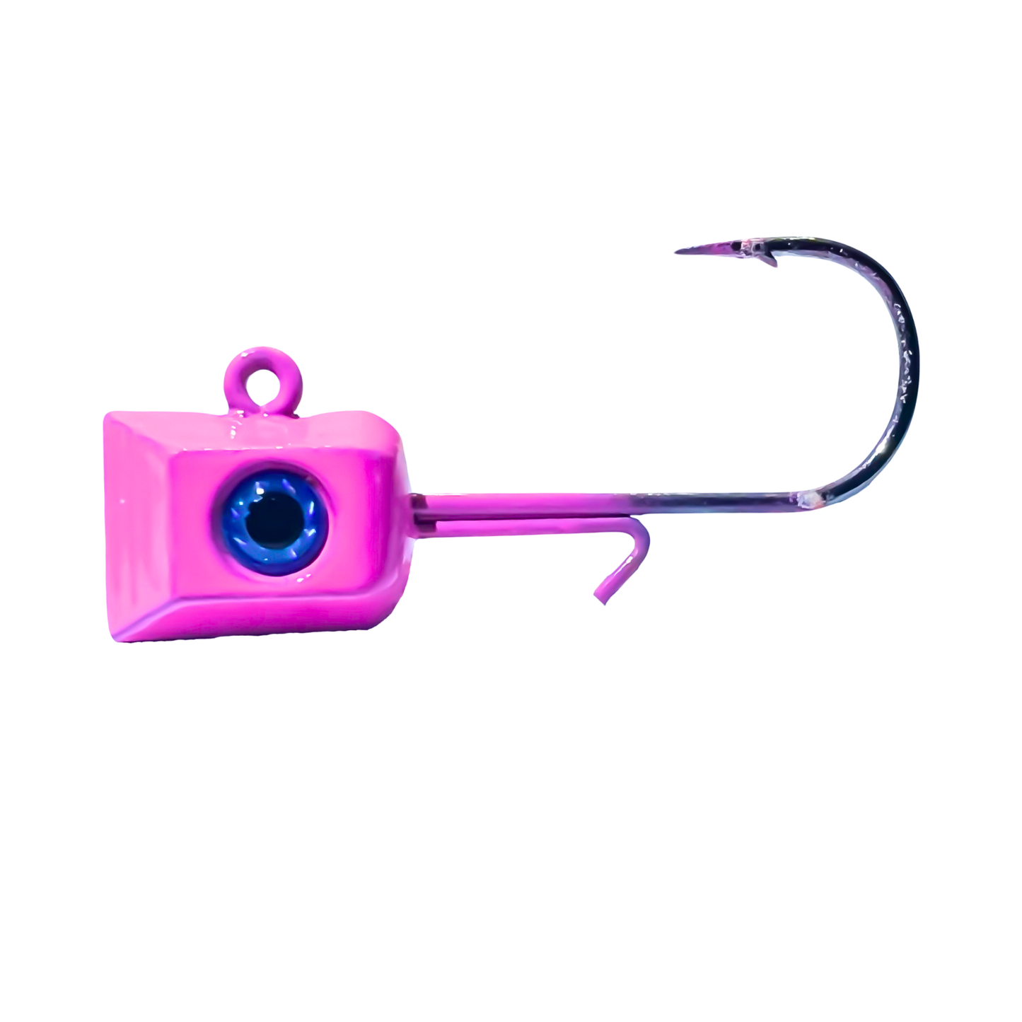 1/16 oz pink Thermocline Hex Jig Head with a striking blue 3D eye. Designed for finesse fishing, with a hexagonal profile and a #6 hook for precise presentations.