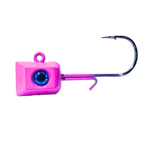 1/16 oz pink Thermocline Hex Jig Head with a striking blue 3D eye. Designed for finesse fishing, with a hexagonal profile and a #6 hook for precise presentations.