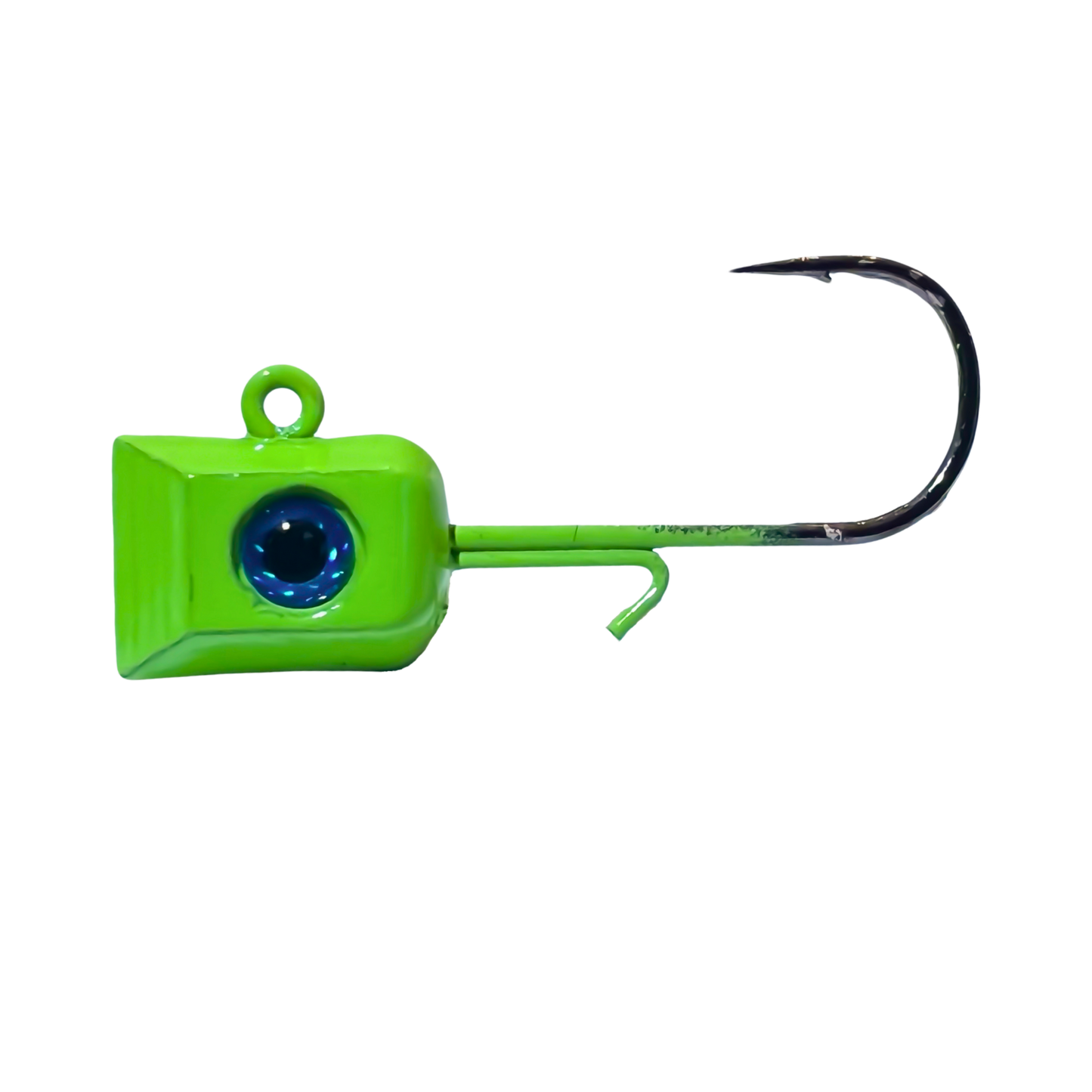 1/8 oz green chartreuse Thermocline Hex Jig Head with a bright 3D eye. Ideal for crappie and bass fishing, featuring a #4 hook and a bait keeper for secure soft plastics.