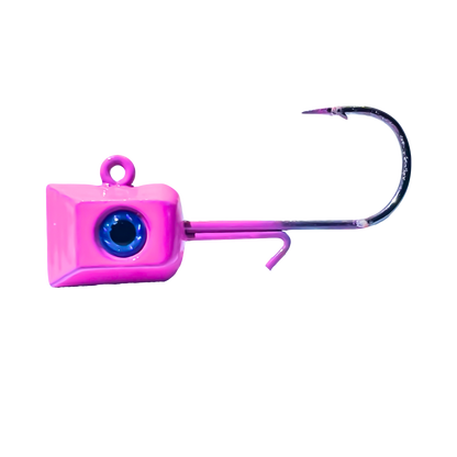 1/8 oz Thermocline Hex Jig Head in vibrant pink, featuring a realistic blue 3D eye. A mid-weight jig ideal for crappie and bass, paired with a #4 hook.