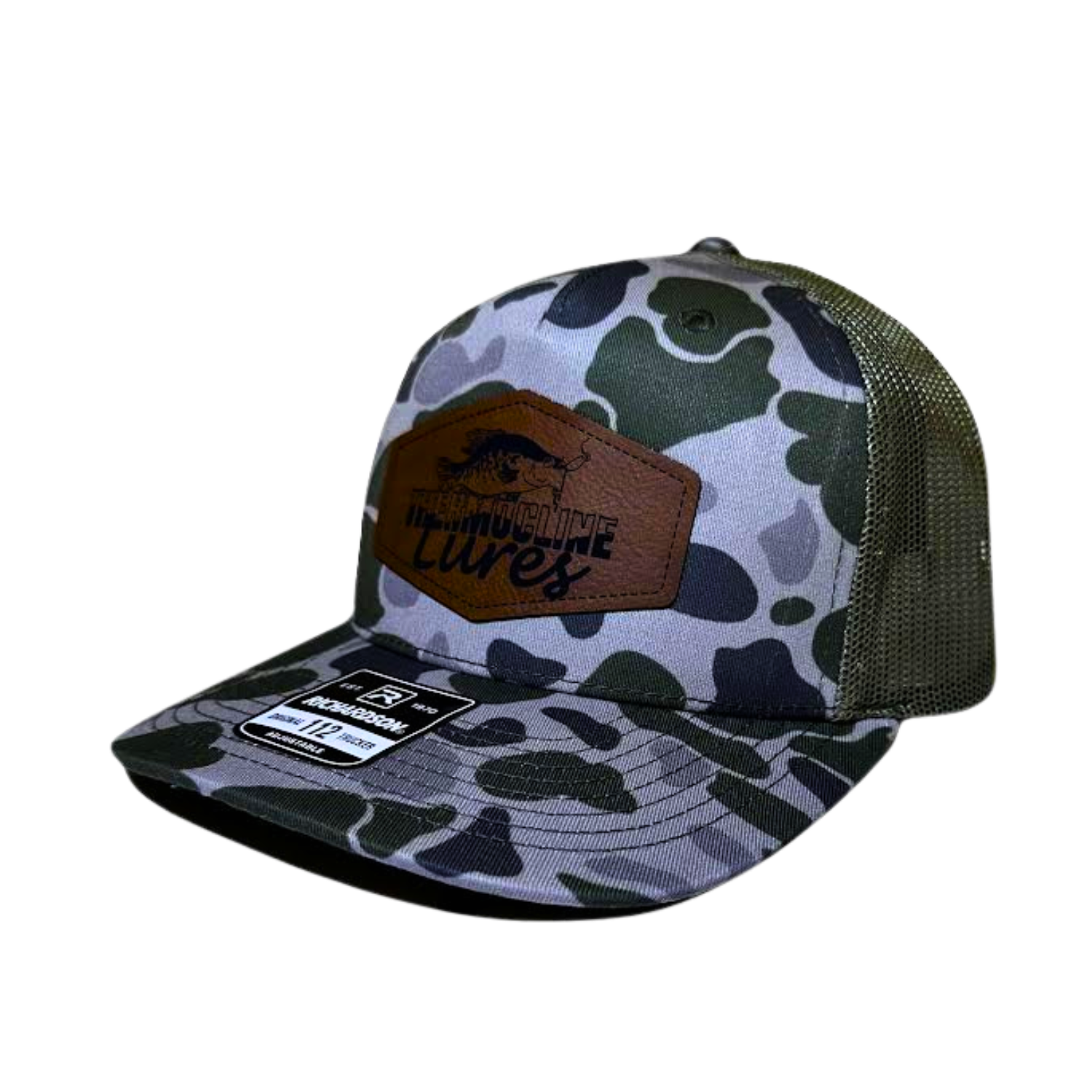 Side view of the Moss Duck Camo Light Green Thermocline Lures hat featuring a light green camo pattern and leather patch logo.