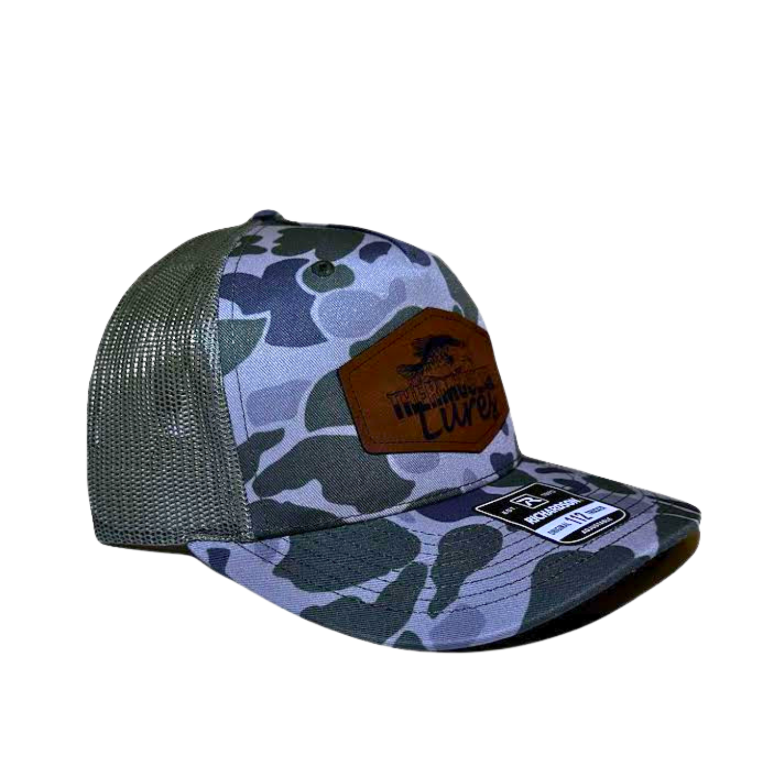 Alternate side view of the Moss Duck Camo Light Green Thermocline Lures hat with an adjustable fit and durable camo mesh back.