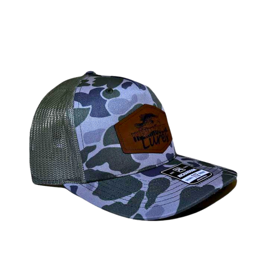 Alternate side view of the Moss Duck Camo Light Green Thermocline Lures hat with an adjustable fit and durable camo mesh back.