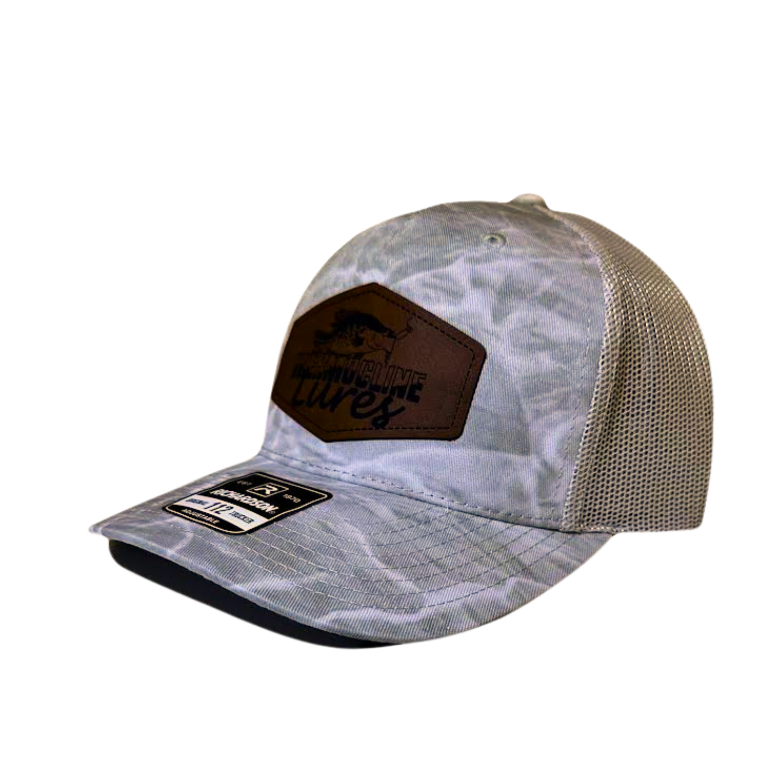 Side view of the Thermocline Lures gray Mossy Oak Break-Up Infinity camo trucker hat with a brown leather patch logo and adjustable mesh back for fishing enthusiasts.