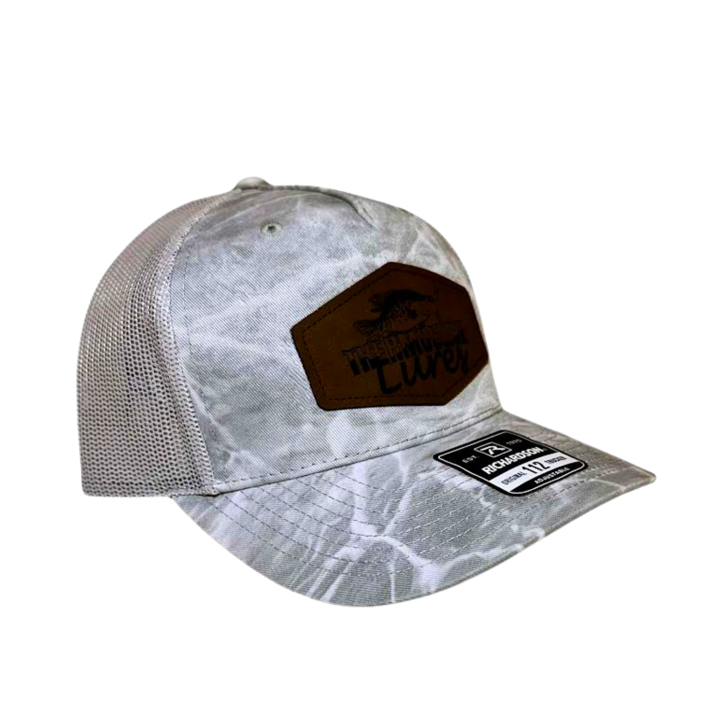 Opposite side view of the Thermocline Lures gray Mossy Oak Break-Up Infinity camo hat with a leather patch logo and adjustable back for comfort