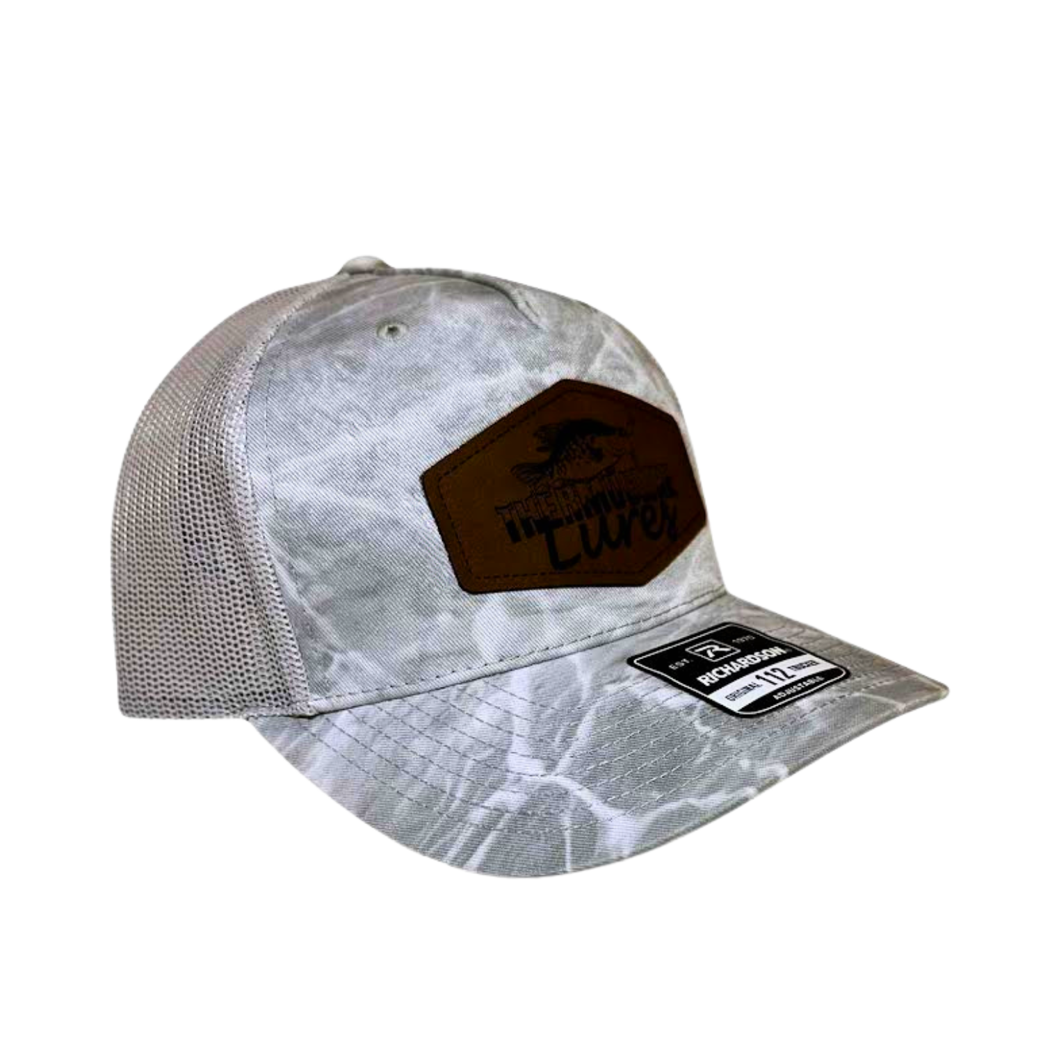 Opposite side view of the Thermocline Lures gray Mossy Oak Break-Up Infinity camo hat with a leather patch logo and adjustable back for comfort