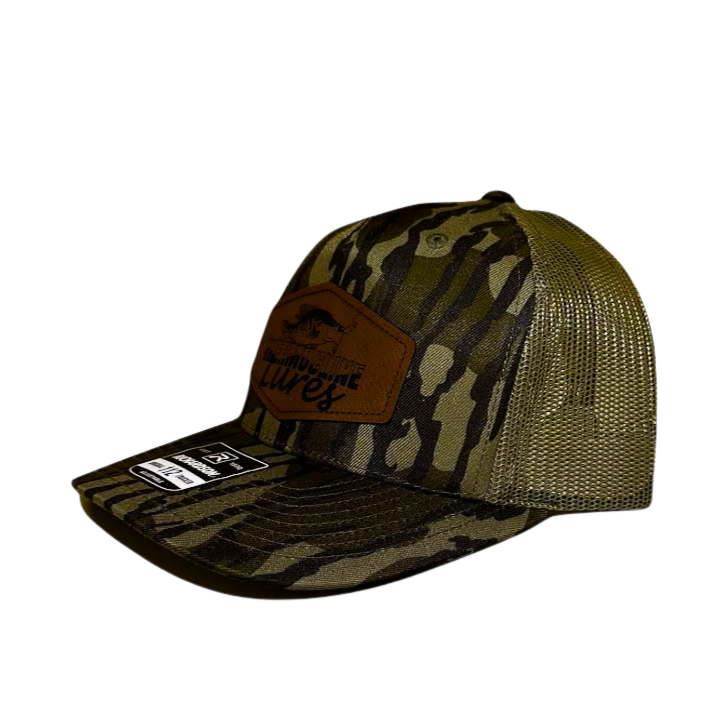 Side profile of the Thermocline Lures Mossy Oak Bottomland camo Richardson 112 trucker hat with a leather patch logo and mesh back.