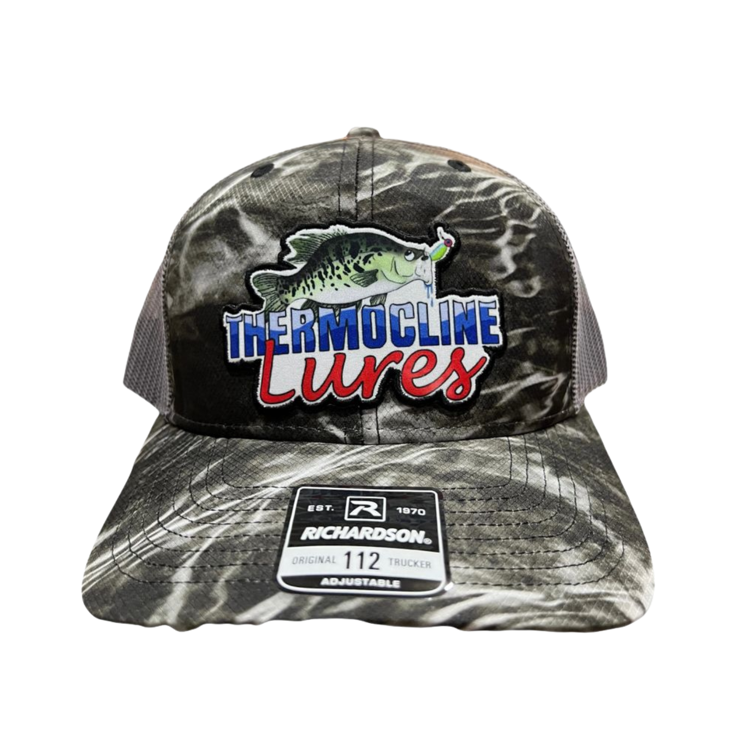 Front view of the Thermocline Lures Mossy Oak Element Richardson 112 Trucker Hat with a camo pattern and iconic Thermocline patch.