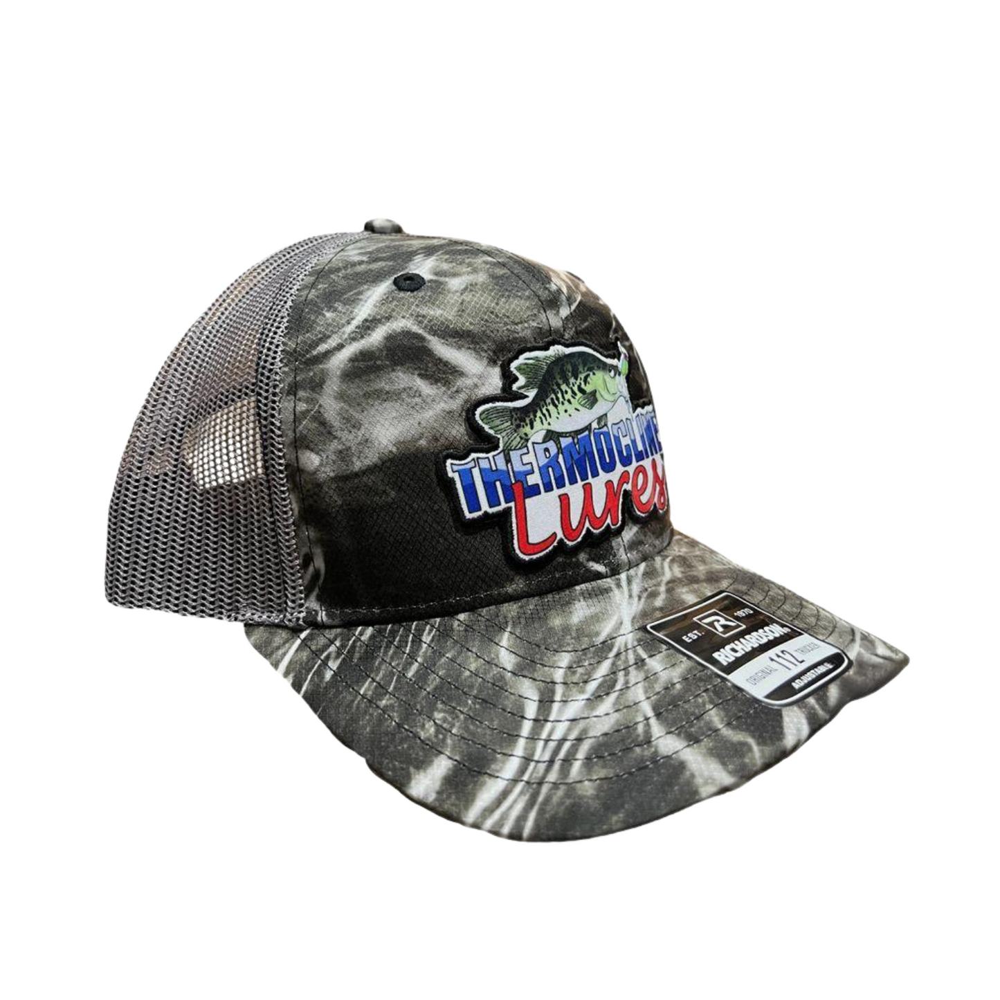 Right side view of the Thermocline Lures Mossy Oak Element Richardson 112 Trucker Hat, showcasing its camouflage pattern and Thermocline branding.