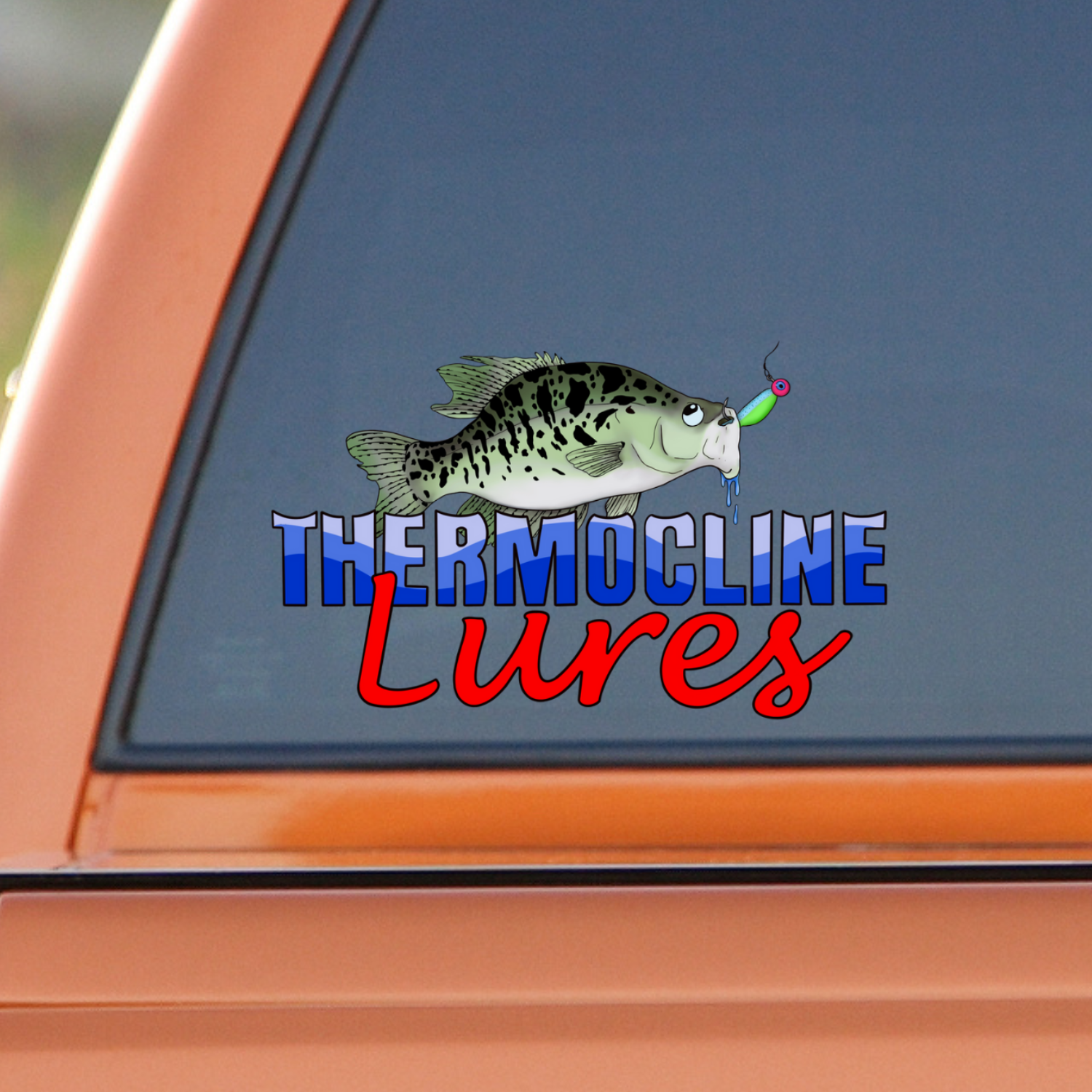 Thermocline Lures premium vinyl decal for boats and trucks, featuring a crappie fish illustration and bold Thermocline Lures branding in blue and red, perfect for outdoor enthusiasts.