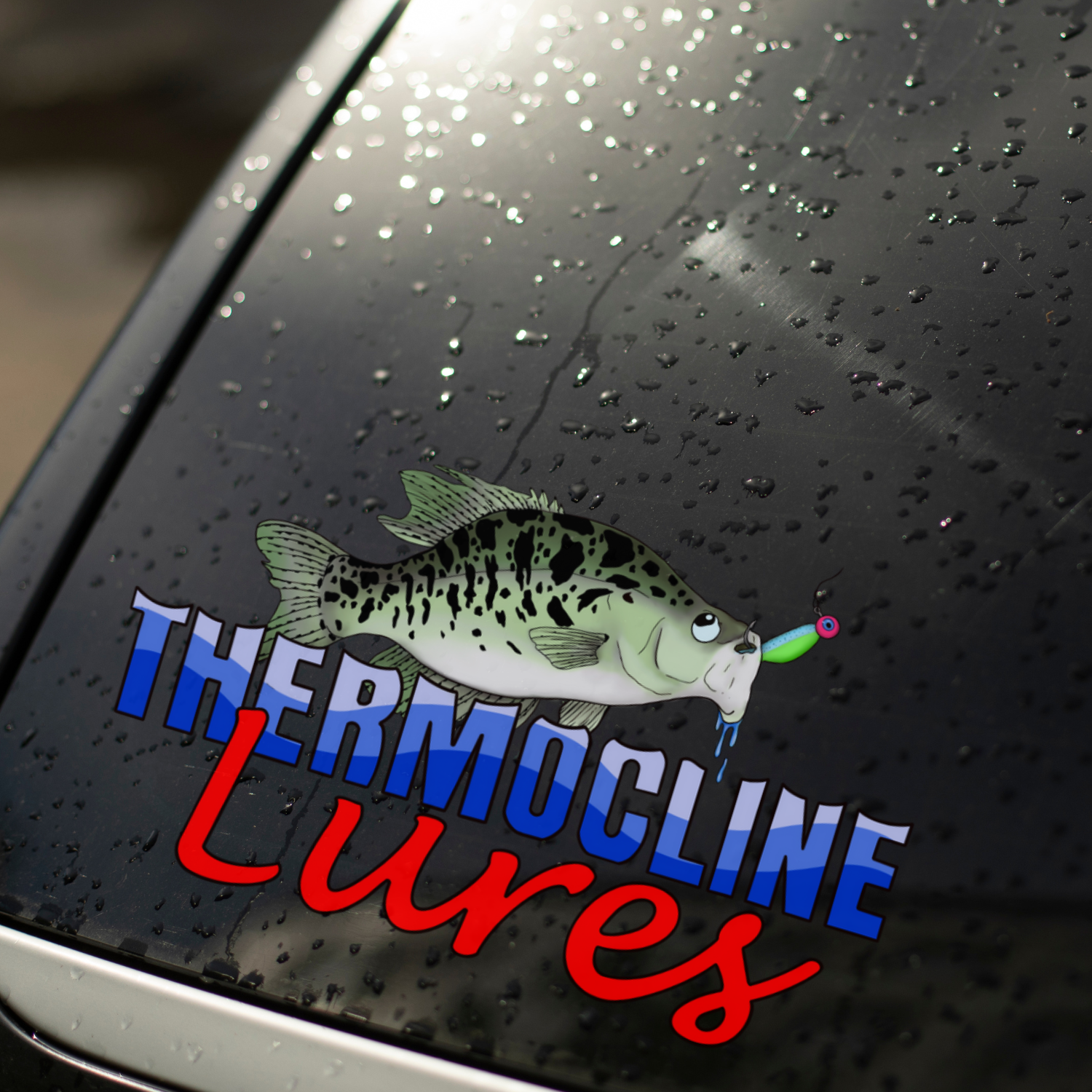 Thermocline Lures premium vinyl truck decal applied on a rain-splashed vehicle window, showcasing a crappie fish graphic and the bold Thermocline Lures logo in blue and red, durable for outdoor use.