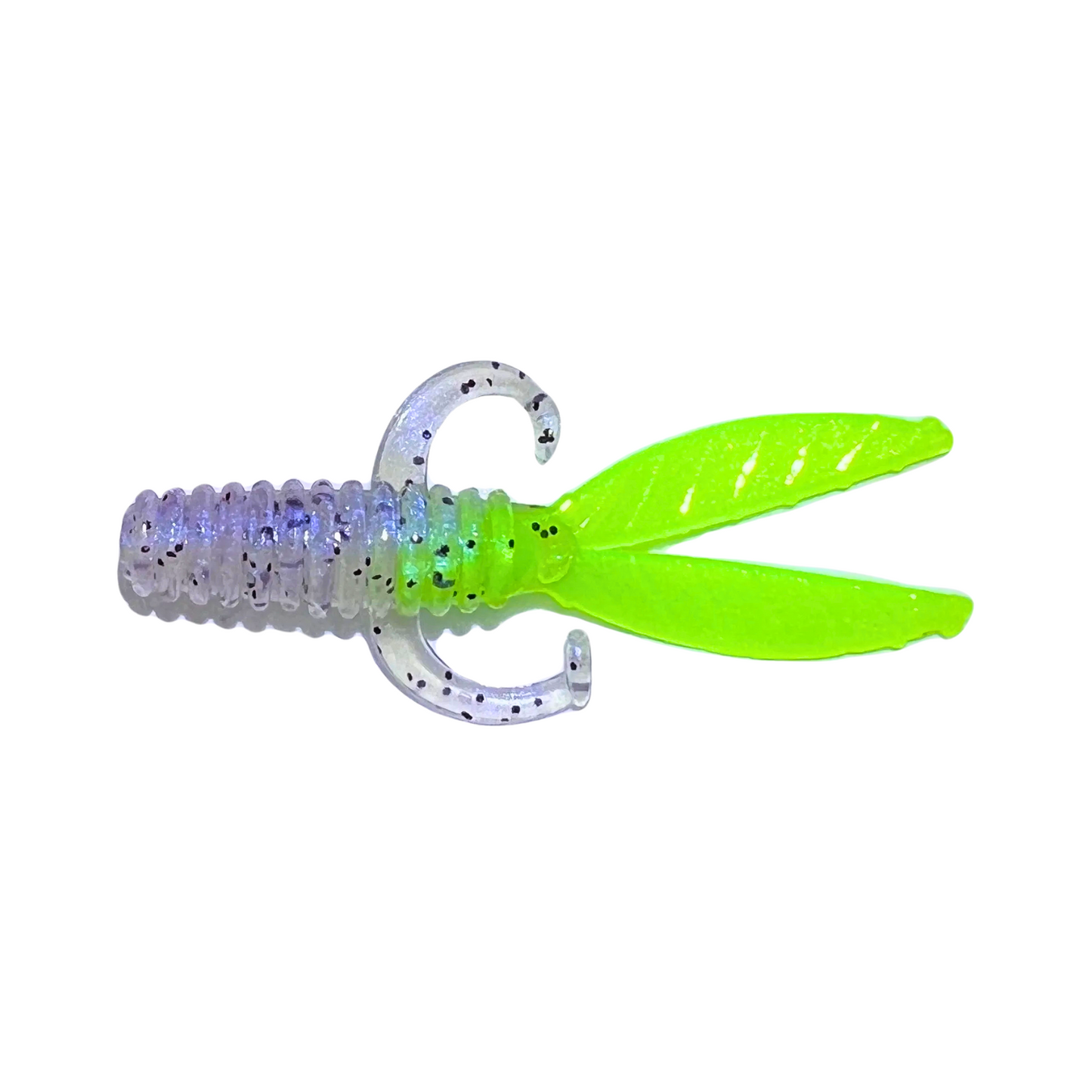 Slab Bug Crappie Lure, a 2-inch bait with a lifelike insect profile featuring fluttering tails and swimming arms, ideal for crappie and freshwater fishing. Includes 12 baits per bag in bold and vibrant colors.