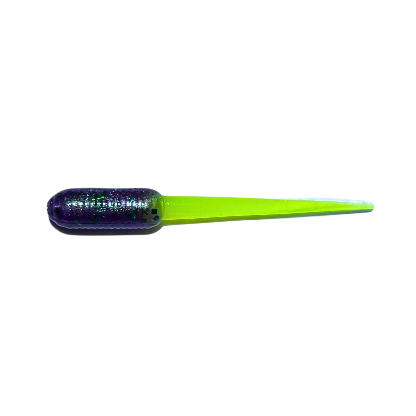 Slab Stinger Crappie Lure in Jester color, a vibrant mix of purple, green, and yellow, designed for maximum visibility in any water condition.