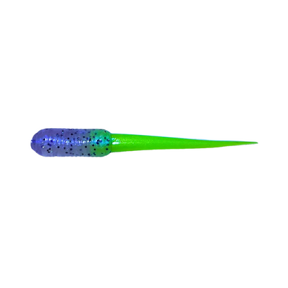 Slab Stinger Crappie Lure, a 2-inch sleek bait with a slender, flexible body designed for lifelike action. Perfect for mimicking smaller prey fish, available in 12-bait packs and 13 vibrant color options for freshwater fishing.