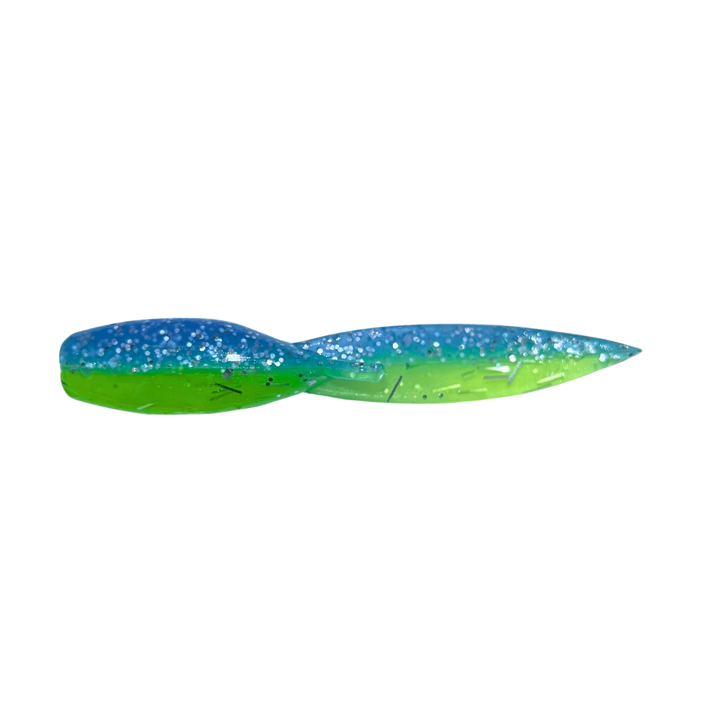 1.5-inch Tadpole Crappie Lure in East Texas Killer color, featuring a bold combination of black, chartreuse, and glitter, perfect for murky waters.