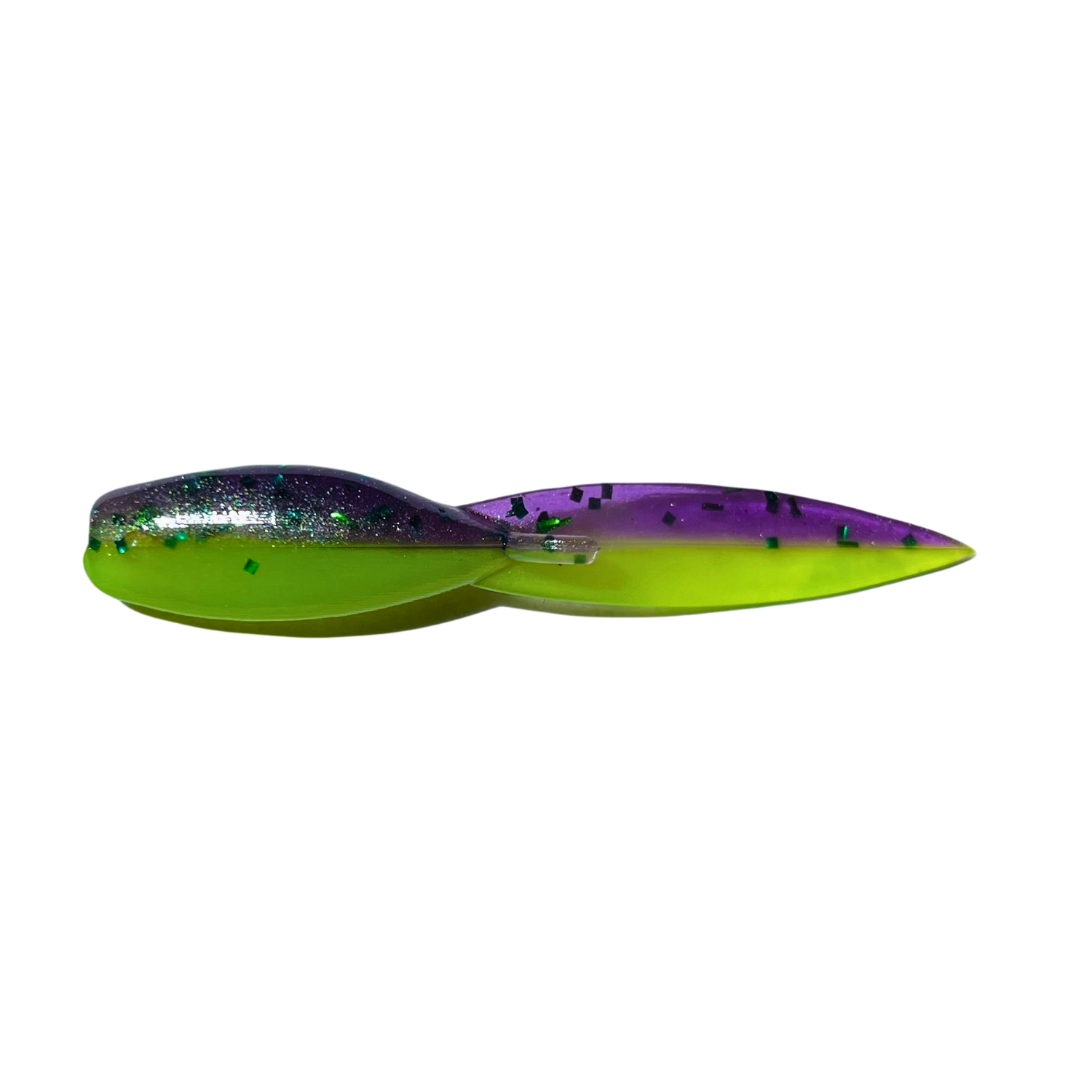 1.5-inch Tadpole Crappie Lure in Jester color, a bold blend of purple, chartreuse, and glitter to stand out in any water.