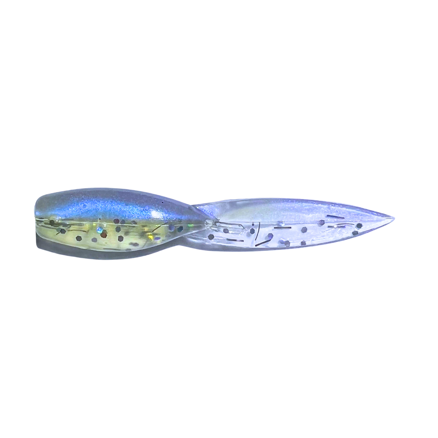 1.5-inch Tadpole Crappie Lure in Monkey Business color, blue pearl with holographic glitter, ideal for sunny days.