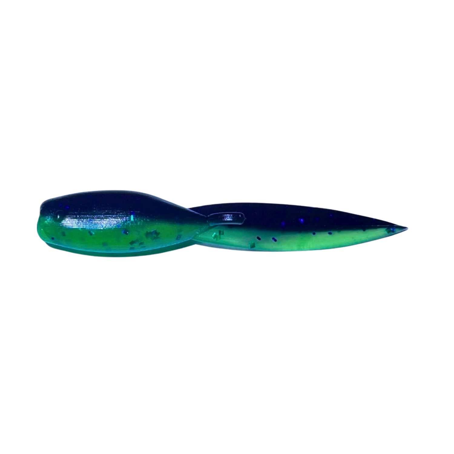 1.5-inch Tadpole Crappie Lure in Midnite Neon color, featuring a dark blue with neon blue highlights for fishing after dark.