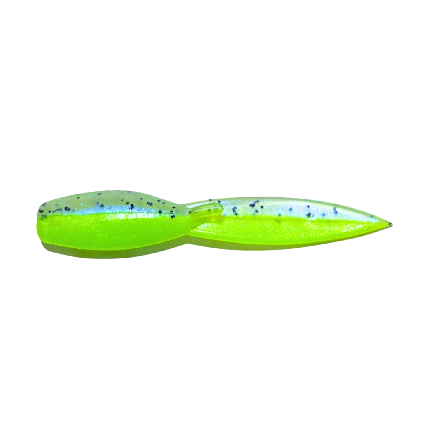 1.5-inch Tadpole Crappie Lure in Swamp Thang color, featuring blue pearl and vibrant green chartreuse, ideal for shaded areas and low-light fishing.