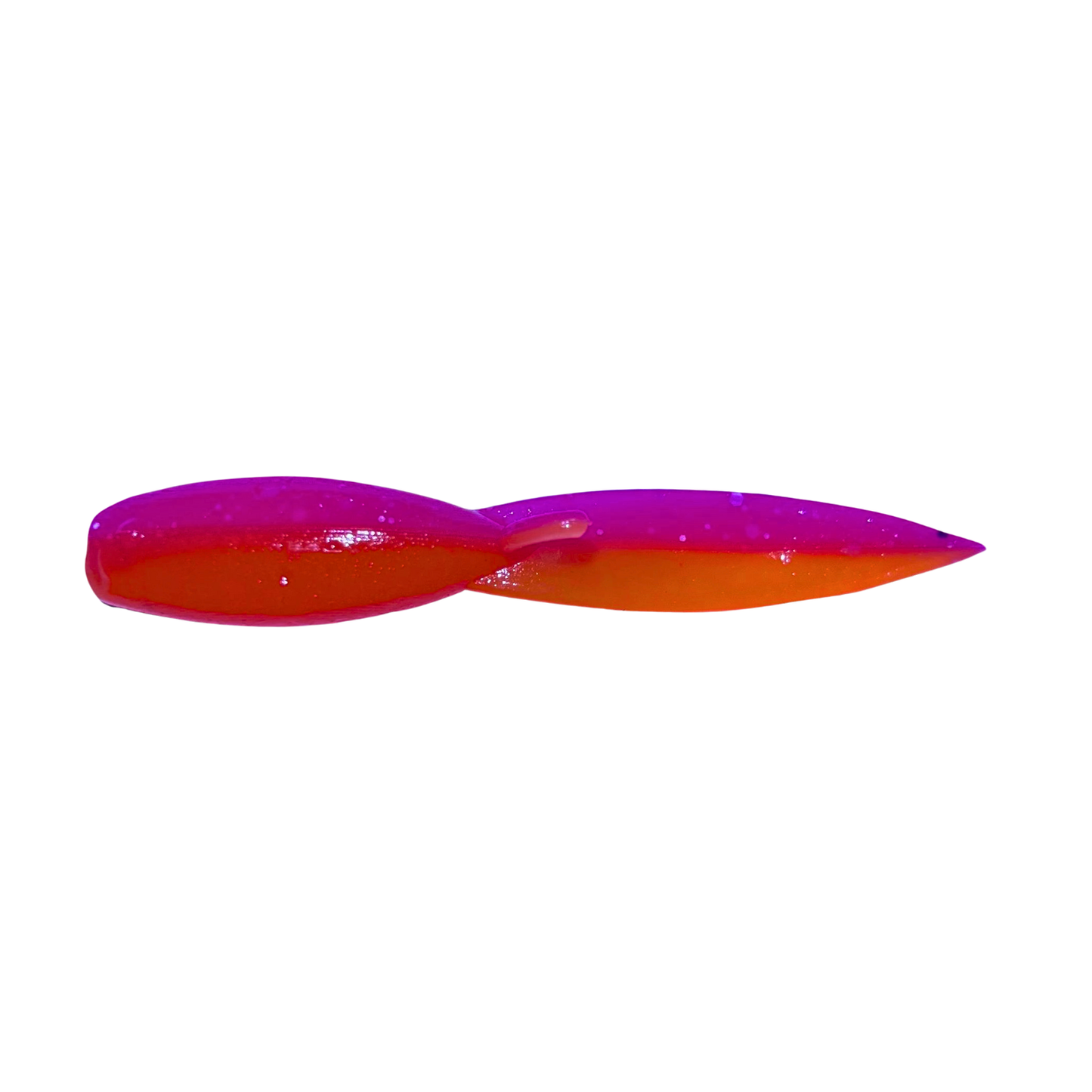 1.5-inch Tadpole Crappie Lure in Texas Sunset color, blending pink, orange, and chartreuse for vibrant appeal in various water conditions.