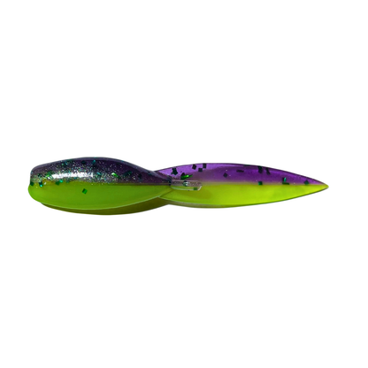 2-inch Tadpole Crappie Lure in Jester color, a bold blend of purple, chartreuse, and glitter to stand out in any water.