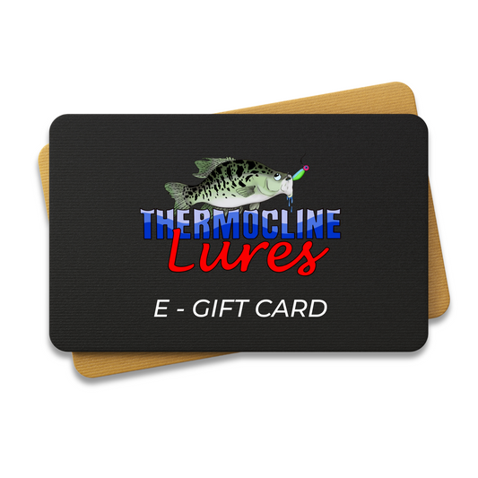 Thermocline Lures eGift Card featuring a sleek design with the Thermocline Lures logo, perfect for fishing enthusiasts to choose their favorite gear and accessories.