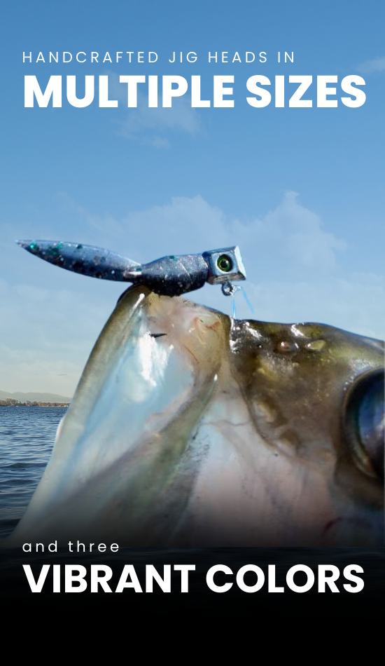 Close-up of a fish hooked with a Thermocline Hex Wedge Jig Head, featuring a soft plastic lure. Text overlay highlights handcrafted jig heads available in multiple sizes and vibrant colors.