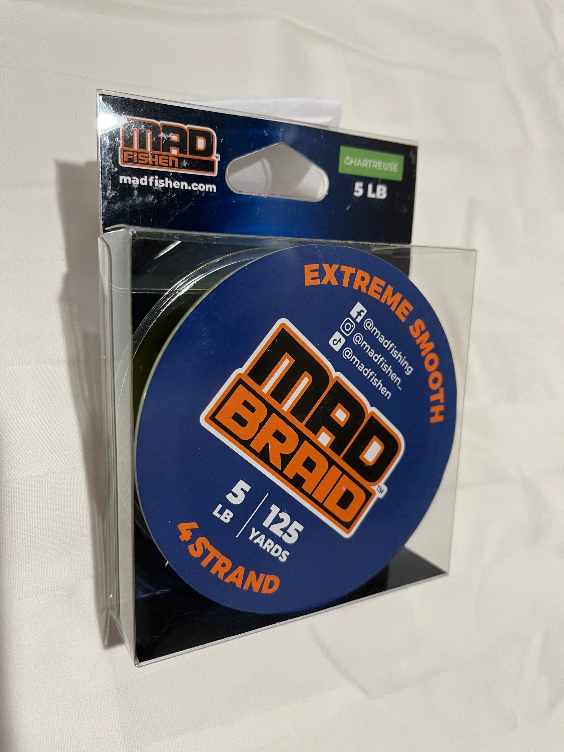 Front view of Mad Braid braided fishing line in chartreuse, featuring 5 lb test strength and 125 yards of 4-strand Dyneema for smooth, high-performance casting.