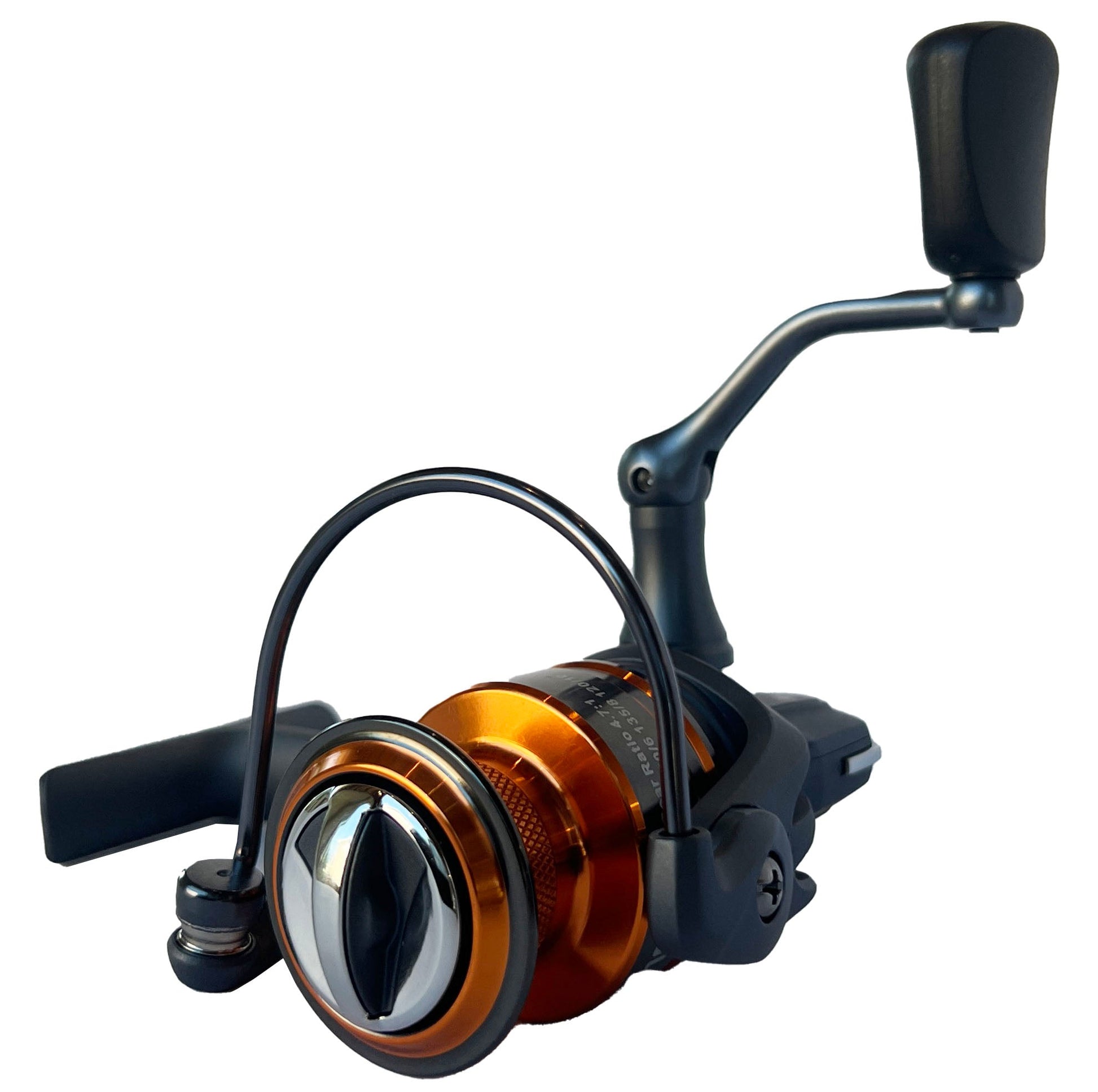 Angled view of the MadFishen MR50 spinning reel, showcasing its smooth gearing and heavy-duty bail wire.