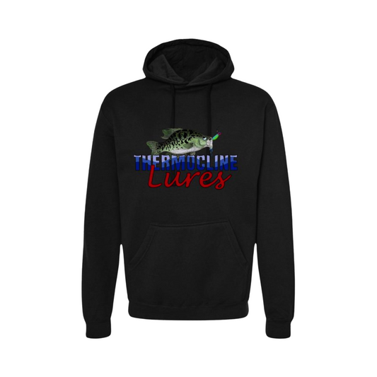 Classic black hoodie adorned with the Thermocline Lures logo, featuring a detailed fish and lure graphic in red, white, and blue. A bold statement for any fishing enthusiast.