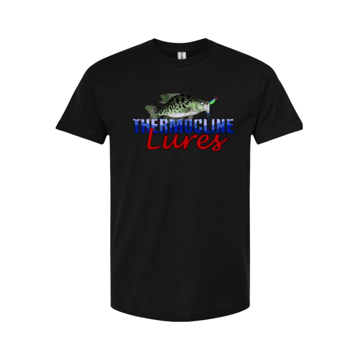 Black T-shirt showcasing the Thermocline Lures logo with a colorful fish and lure design in red, white, and blue. A stylish choice for fishing enthusiasts and everyday wear.