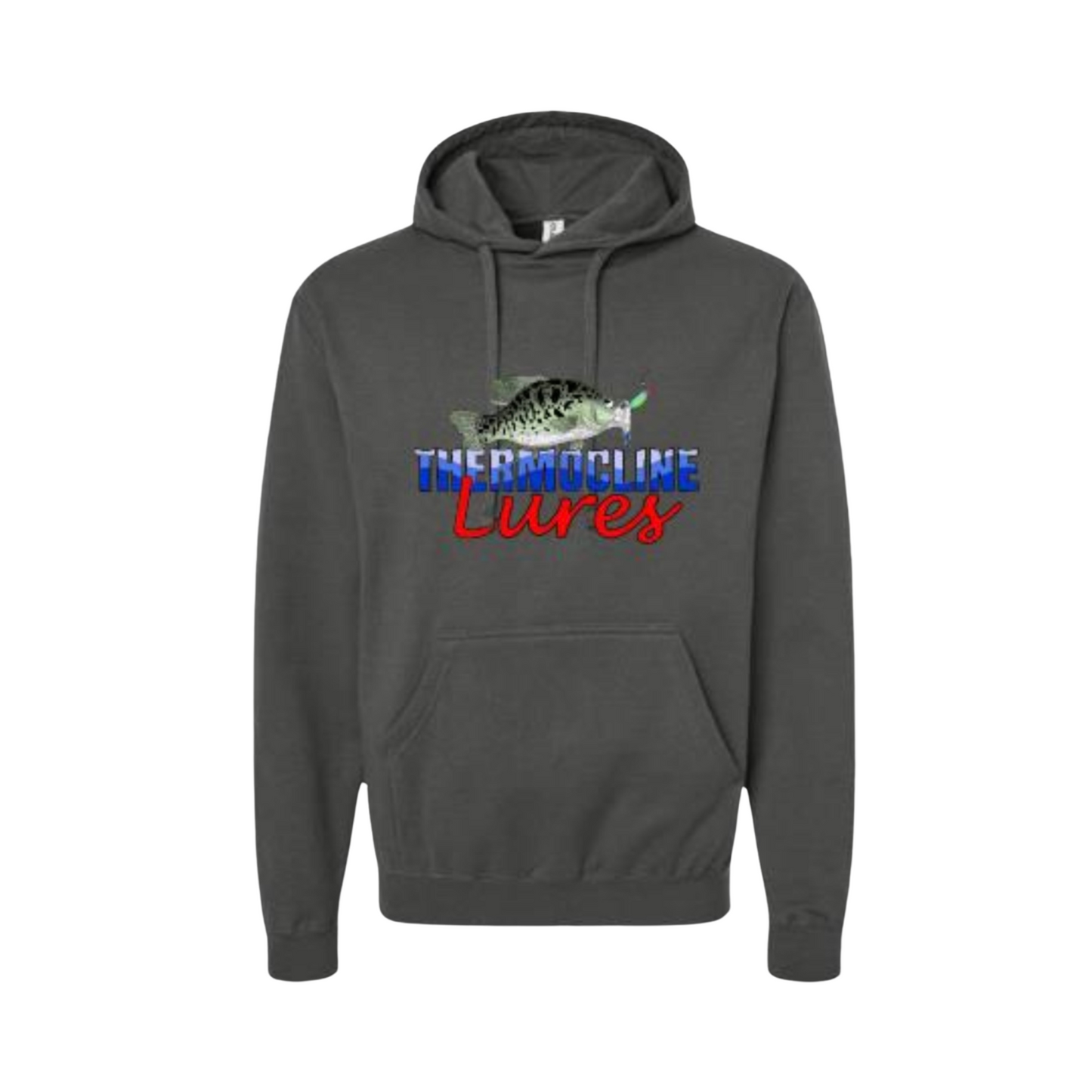 "Dark gray hoodie featuring the Thermocline Lures logo with a detailed fish and lure graphic in red, white, and blue. Comfortable and stylish for outdoor enthusiasts.