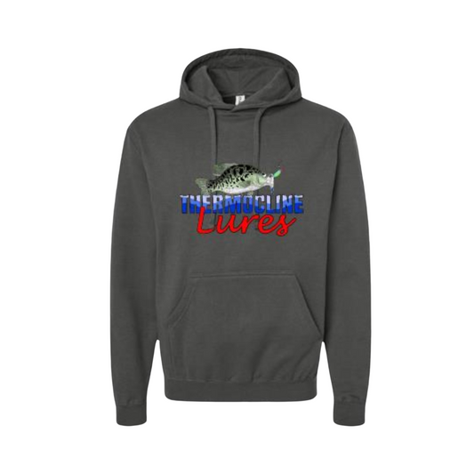 "Dark gray hoodie featuring the Thermocline Lures logo with a detailed fish and lure graphic in red, white, and blue. Comfortable and stylish for outdoor enthusiasts.