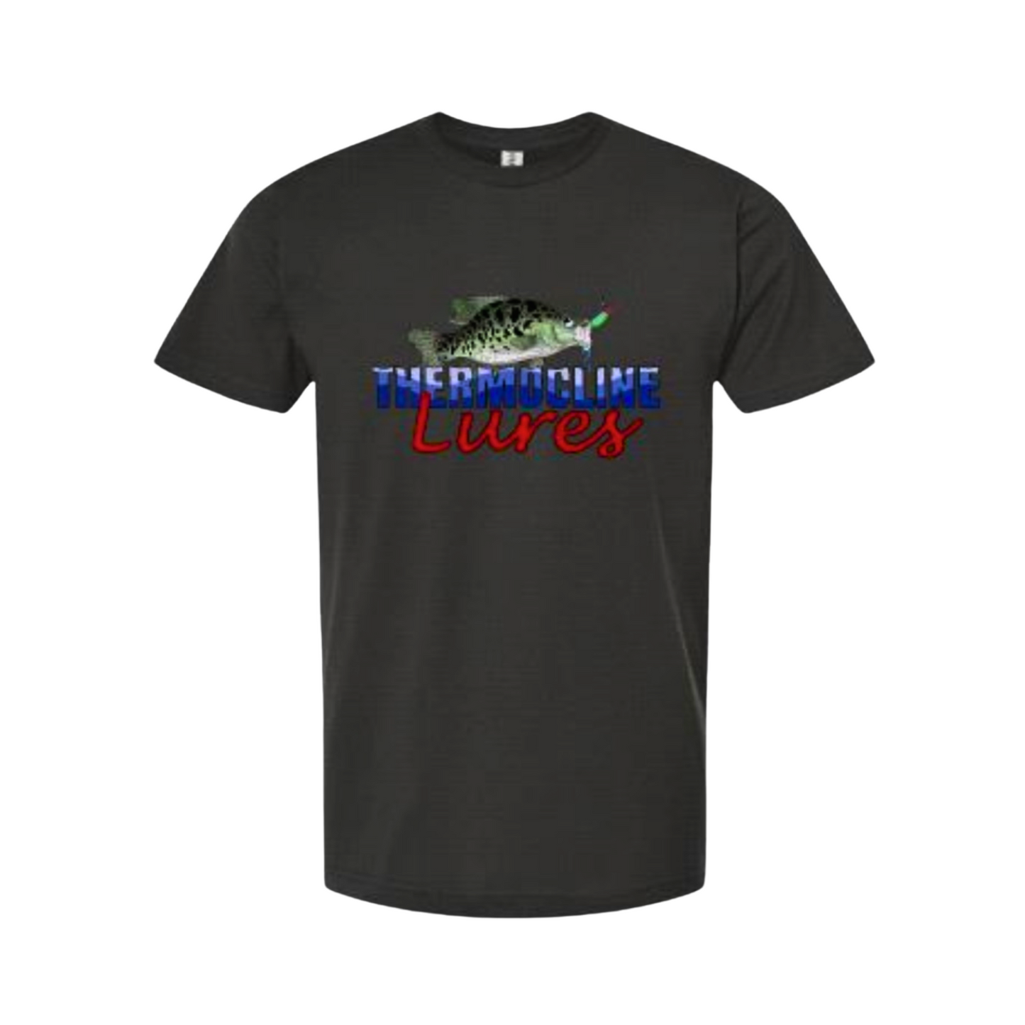 Dark gray T-shirt featuring the Thermocline Lures logo with a vibrant fish and lure design in red, white, and blue. Perfect for casual wear or a day on the water.