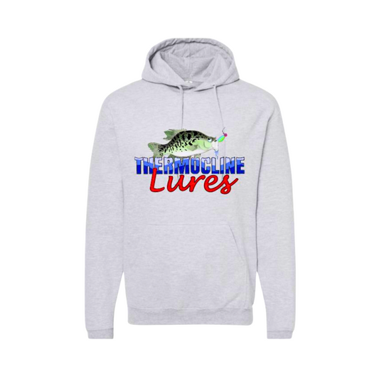 Light gray hoodie showcasing the Thermocline Lures logo with a vibrant fish and lure design in red, white, and blue. Perfect for cool days on the water or casual wear.