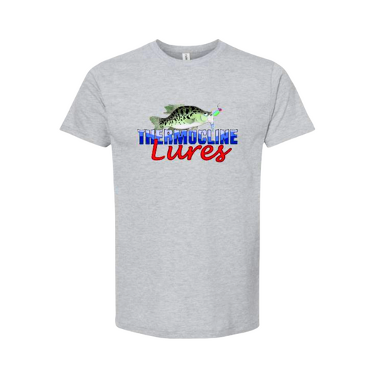 Light gray T-shirt with the Thermocline Lures logo, showcasing a vibrant fish and lure graphic in red, white, and blue. Lightweight and casual for all-day comfort.